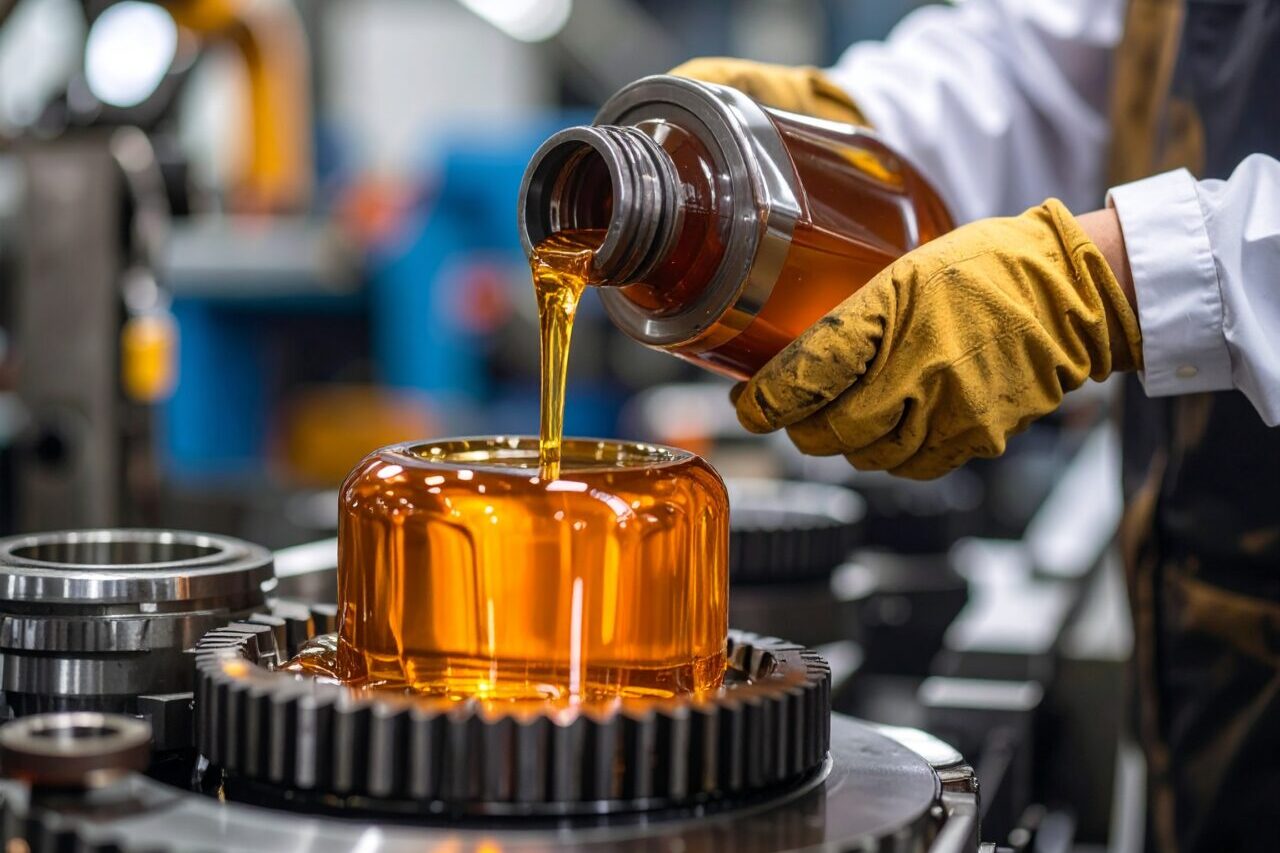 firefly heavy machinery part in a factory being lubricated , showing human hands in gloves a 902151